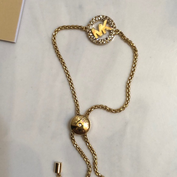 Michael Kors Gold Tone Slider Bracelet Open Frame Circle & MK Logo Crystal NWT - Picture 3 of 16